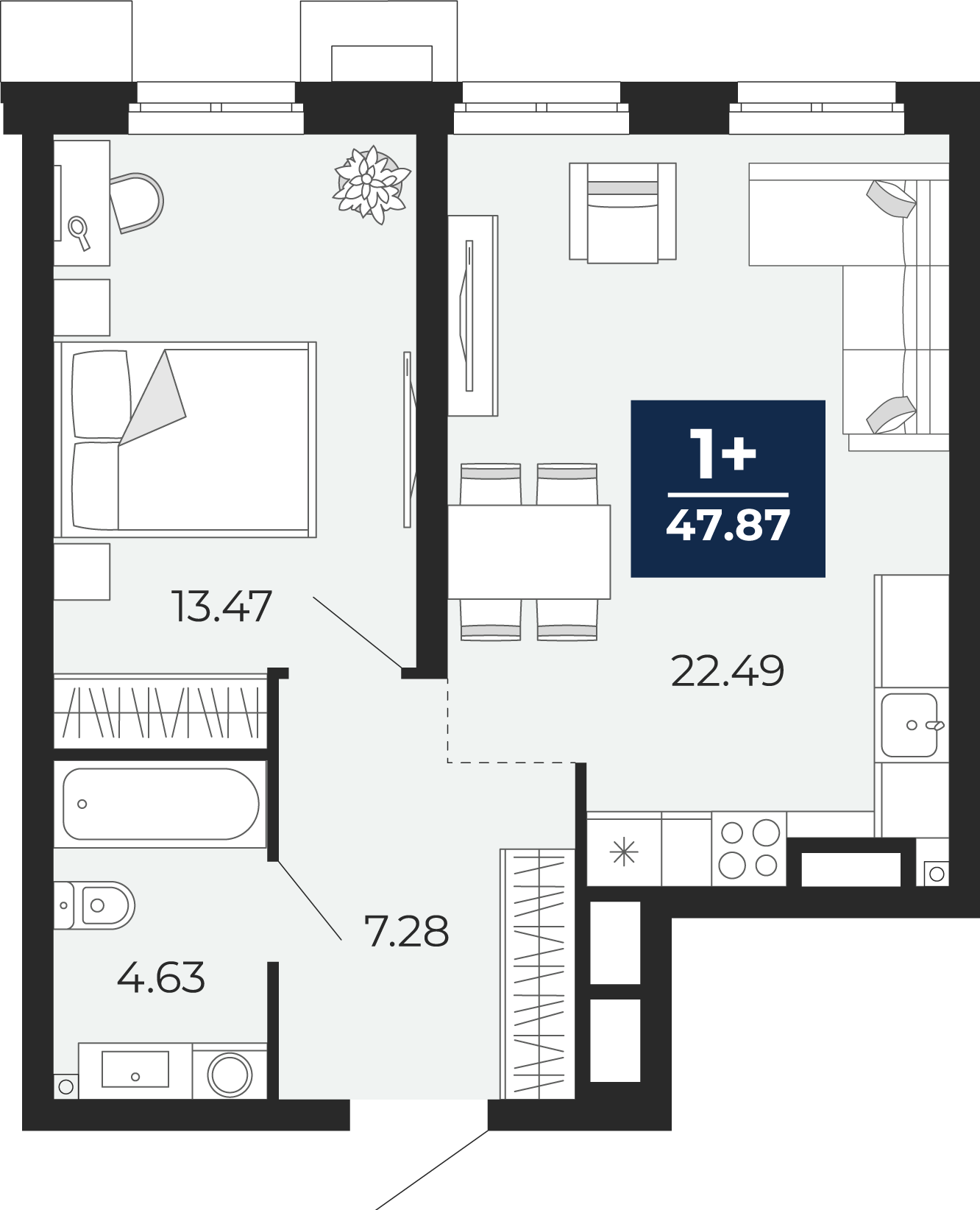 Квартира № 47, 1-комнатная, 47.87 кв. м, 2 этаж