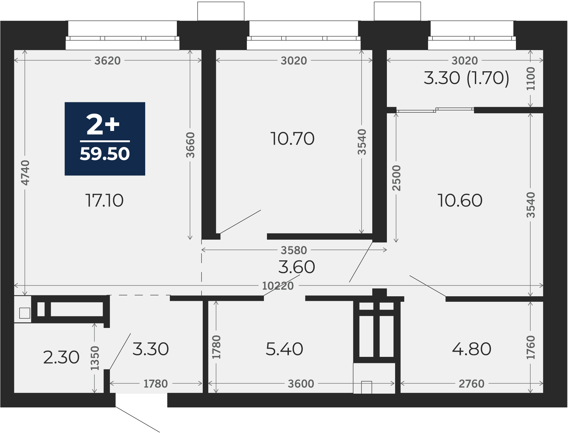 Квартира № 108, 2-комнатная, 59.5 кв. м, 3 этаж