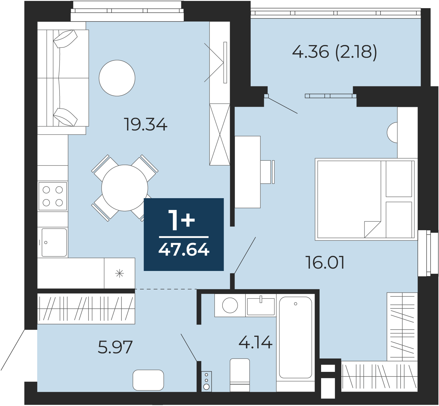 Квартира № 299, 1-комнатная, 47.64 кв. м, 3 этаж