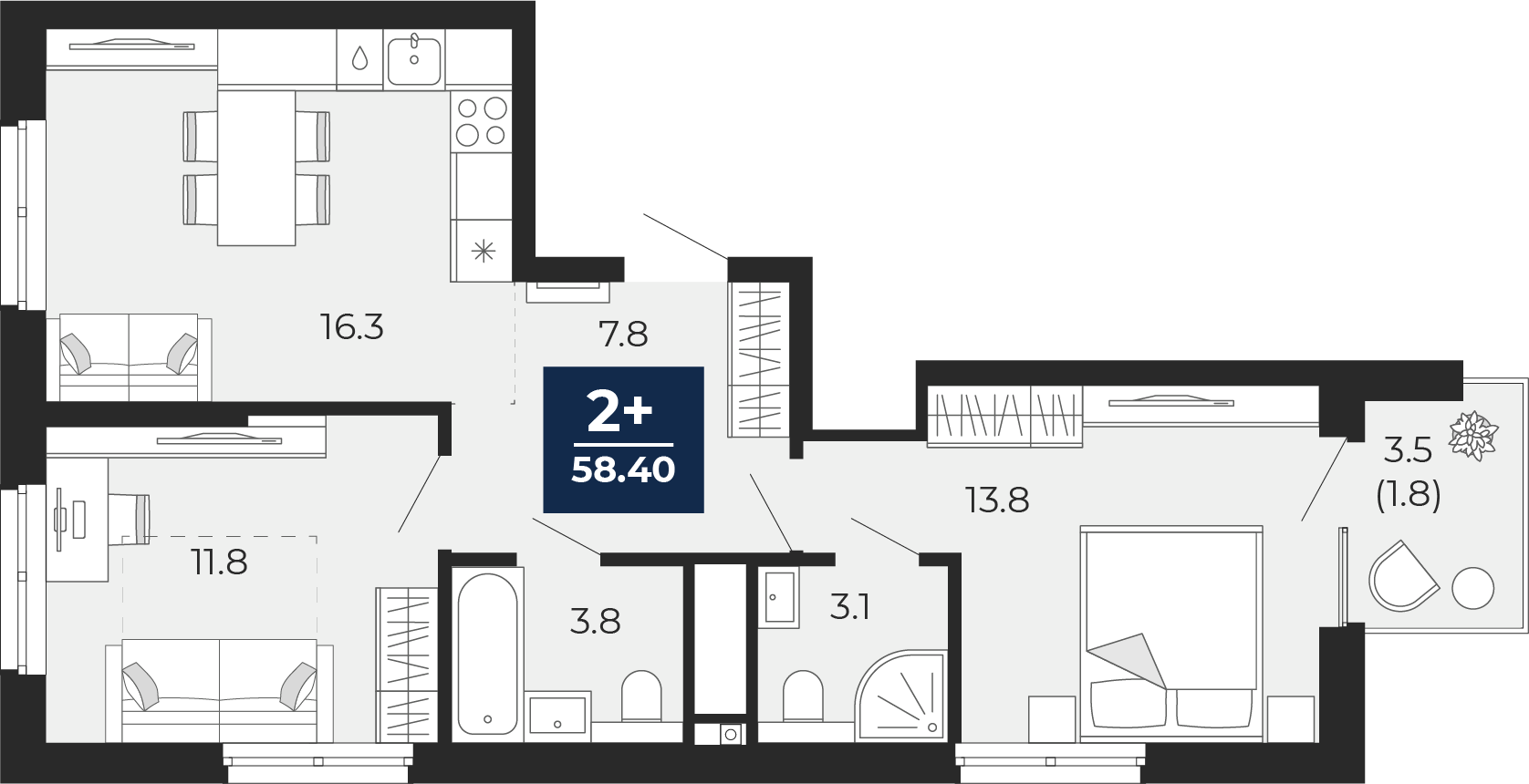 Планировка: Евротрешка 60.1 м² в ЖК Мириады, Мыс