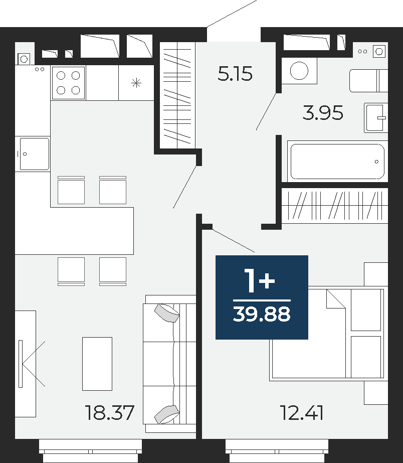 Квартира № 278, 1-комнатная, 39.88 кв. м, 21 этаж