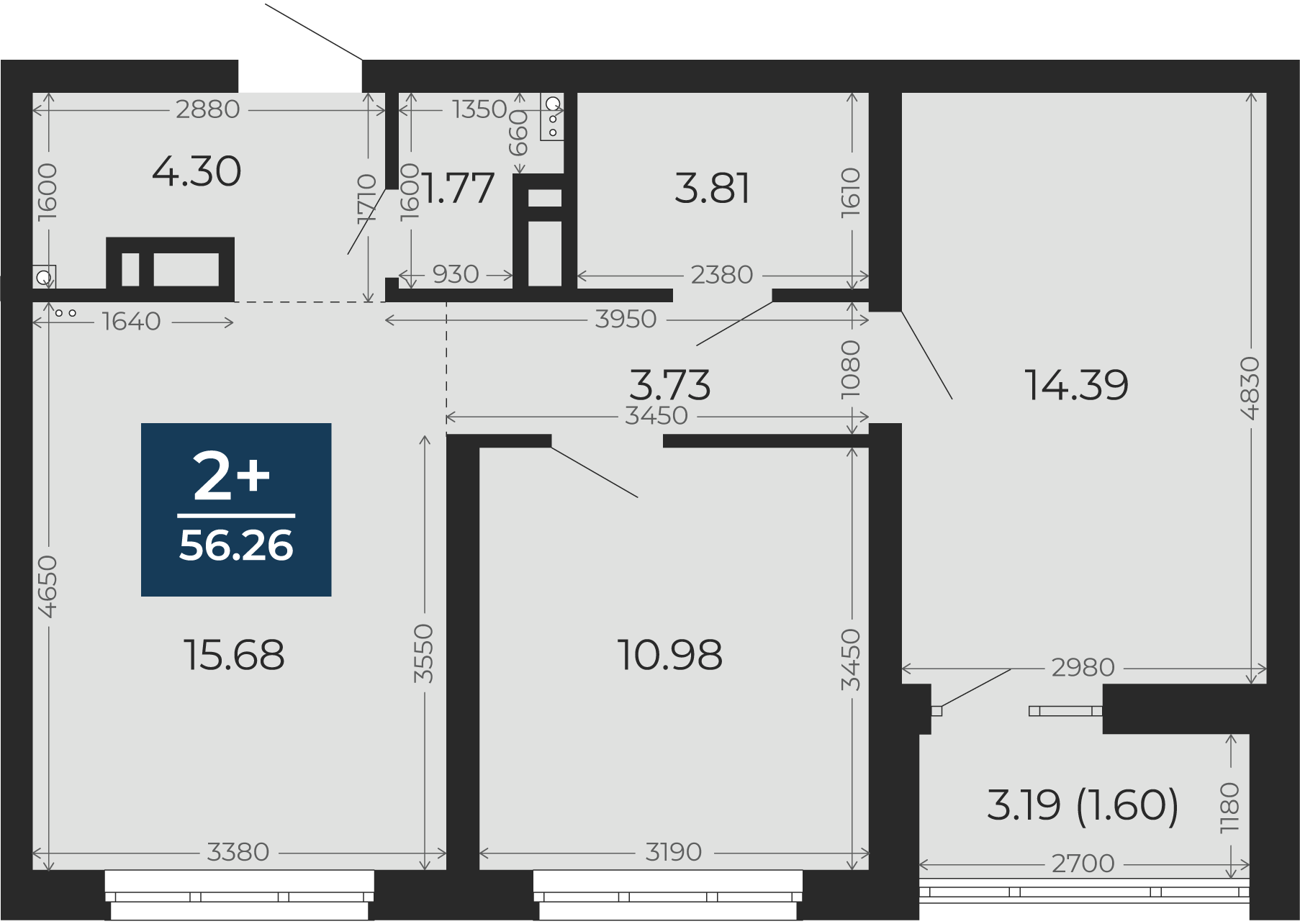Квартира № 54, 2-комнатная, 56.26 кв. м, 8 этаж