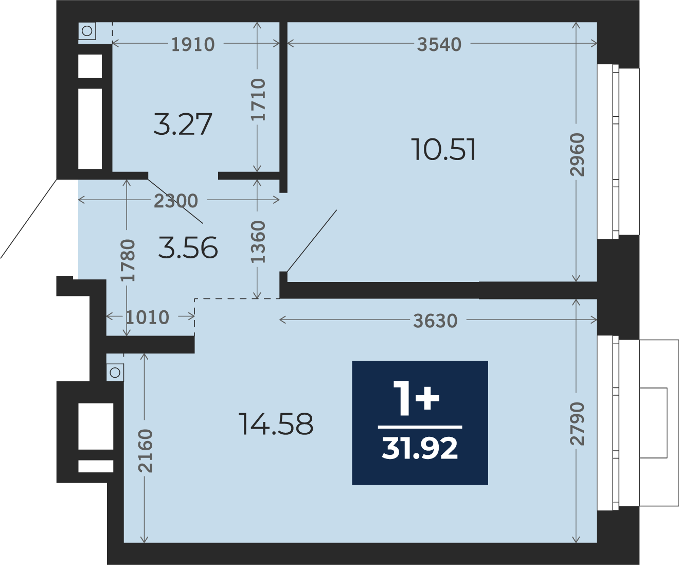 Квартира № 57, 1-комнатная, 31.92 кв. м, 10 этаж