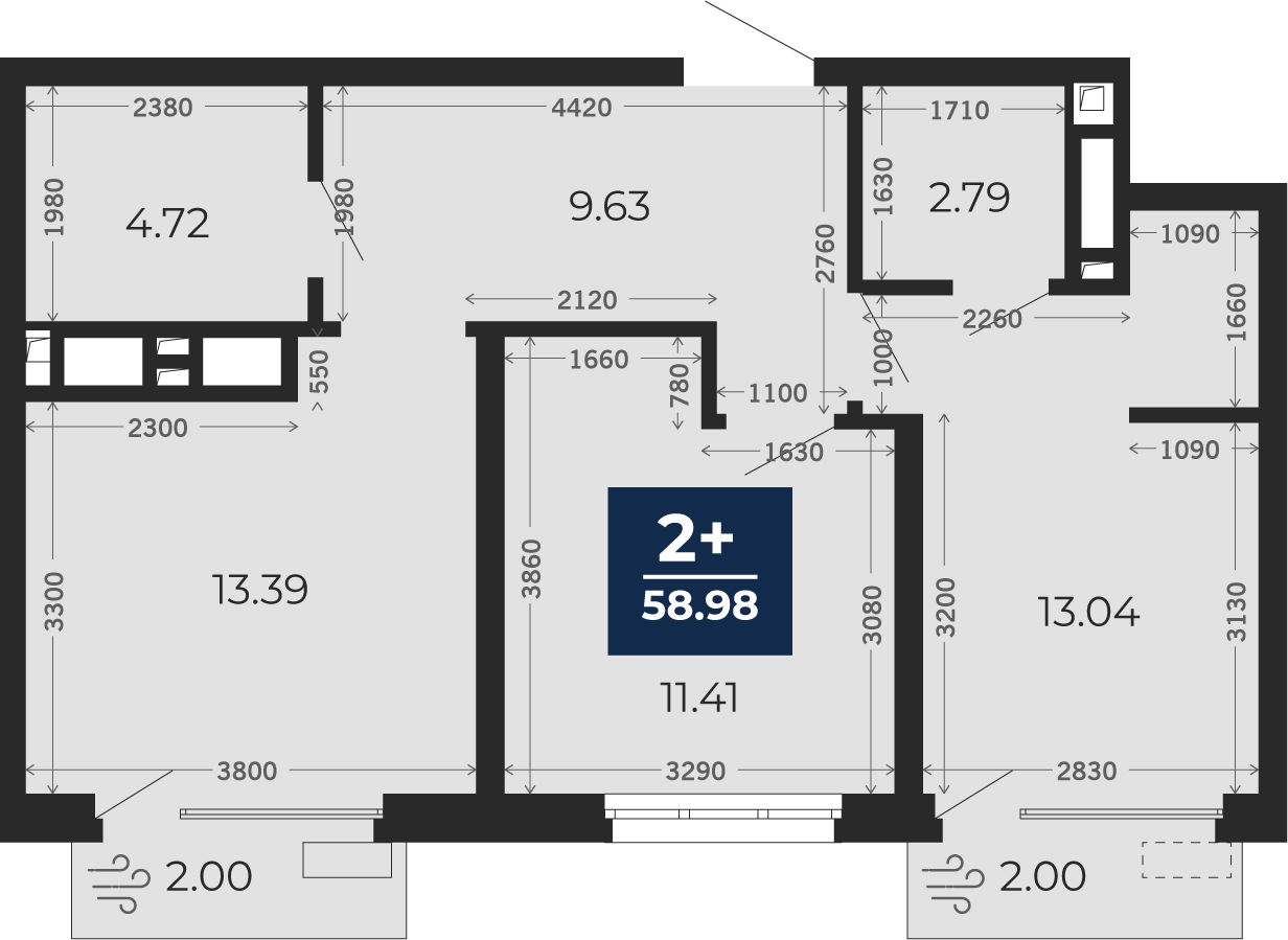 Квартира № 189, 2-комнатная, 58.98 кв. м, 2 этаж