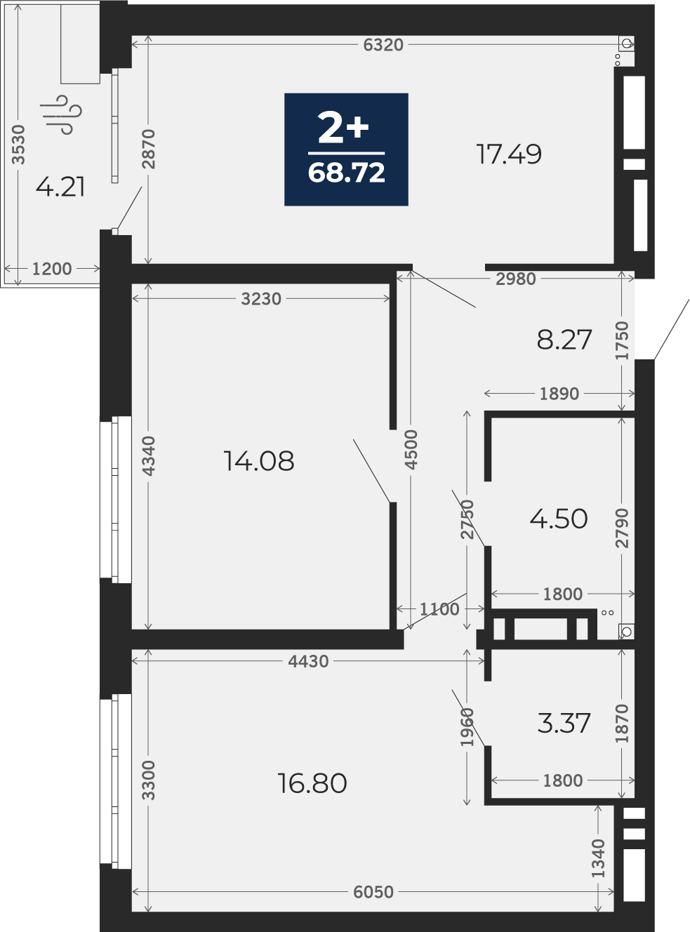 Квартира № 148, 2-комнатная, 68.72 кв. м, 8 этаж