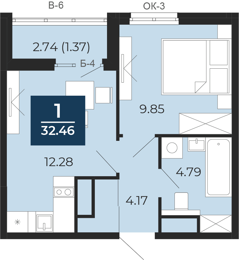Квартира № 118, 1-комнатная, 32.46 кв. м, 17 этаж