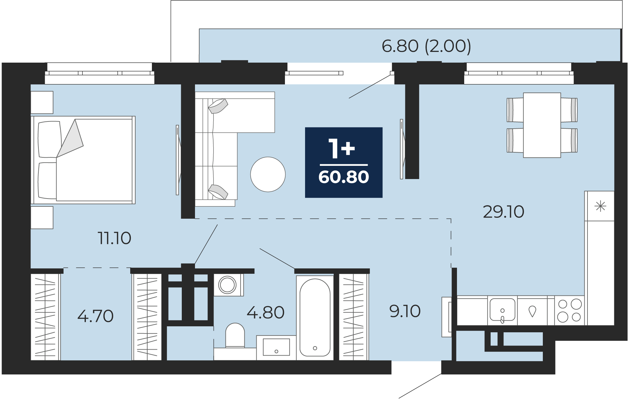 Квартира № 347, 1-комнатная, 60.8 кв. м, 17 этаж