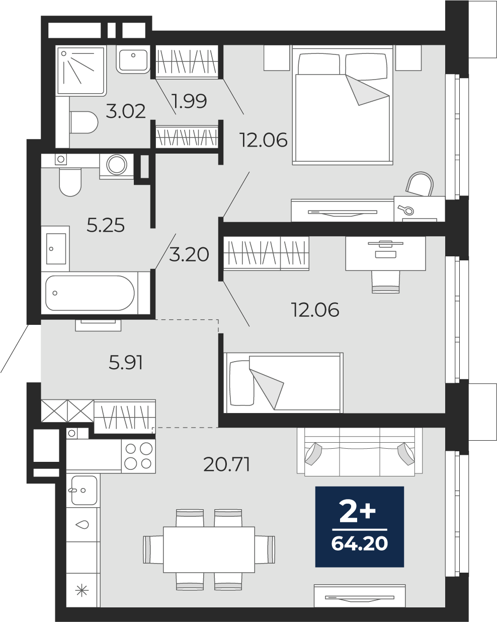 Квартира № 91, 2-комнатная, 64.2 кв. м, 1 этаж