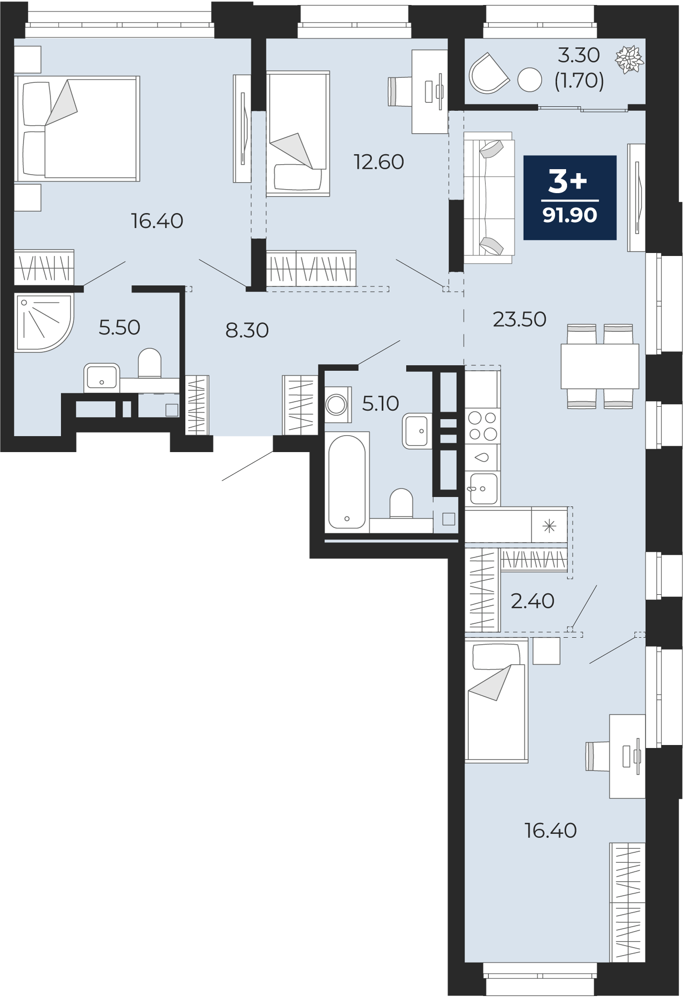 Квартира № 397, 3-комнатная, 91.9 кв. м, 10 этаж, проект «Айвазовский  City», корпус ГП-7 по цене 13 190 000 ₽ от застройщика «ЭНКО»