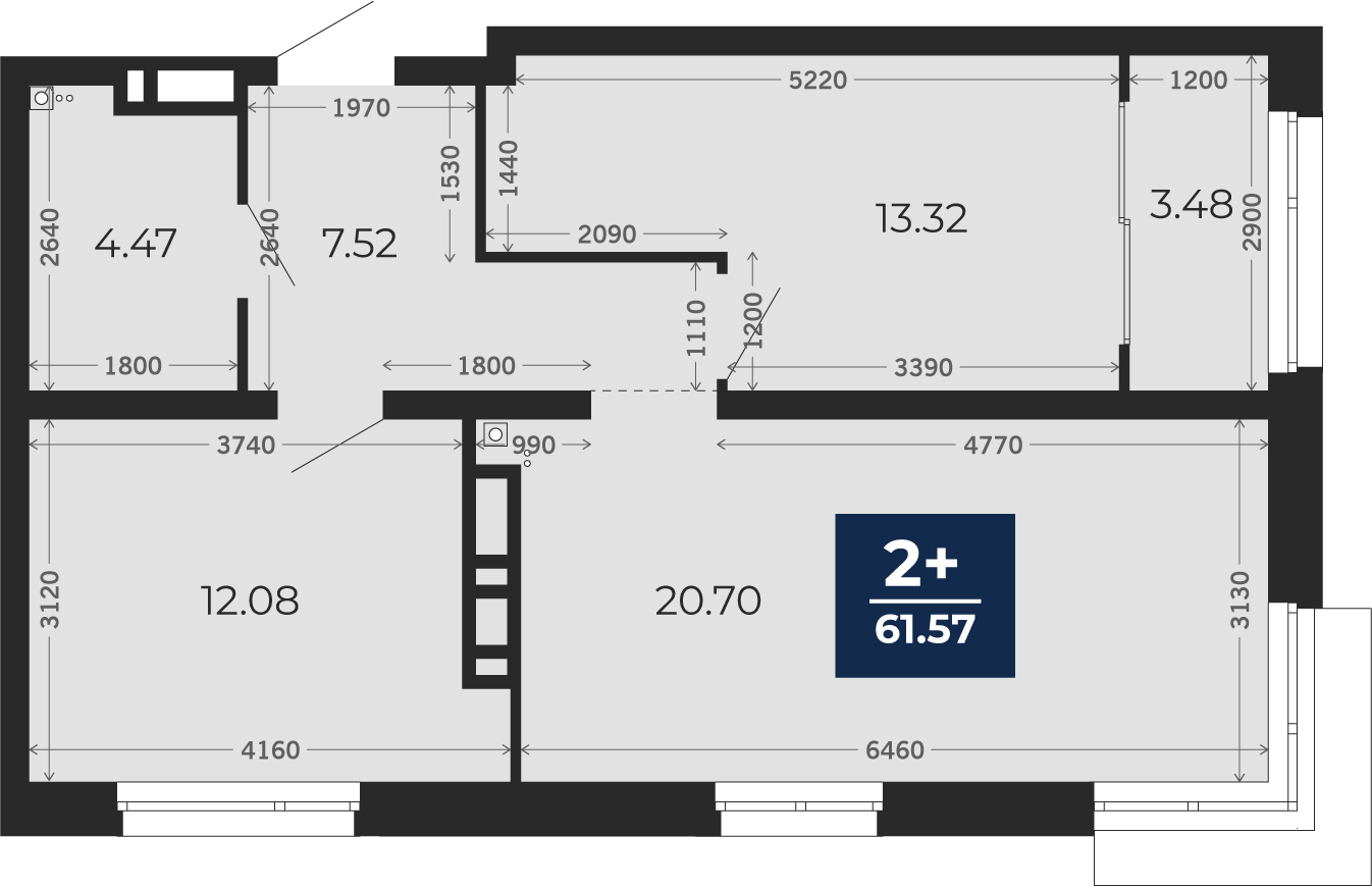 Квартира № 320, 2-комнатная, 61.57 кв. м, 2 этаж
