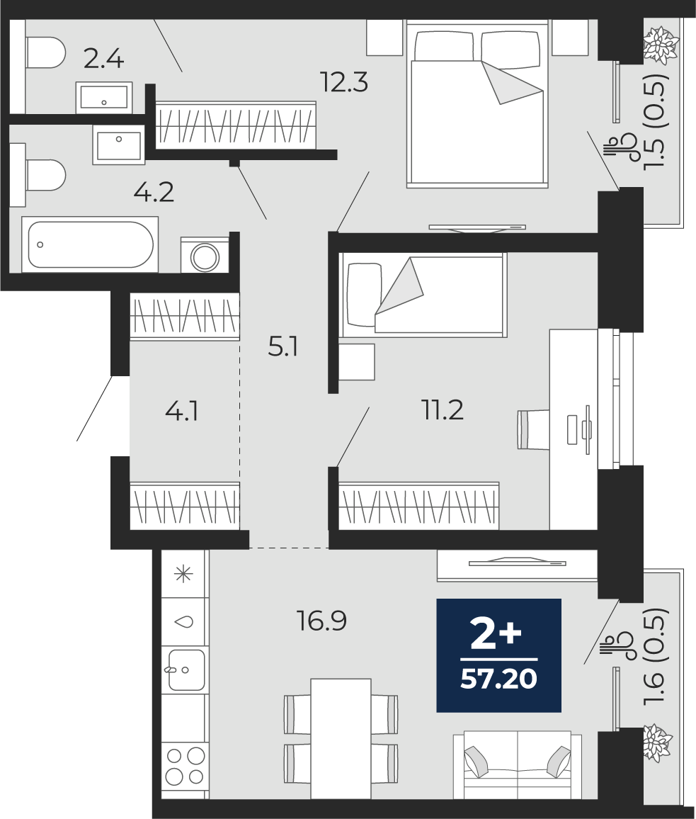 Планировка: Евротрешка 59.3 м² в ЖК Мириады, Мыс