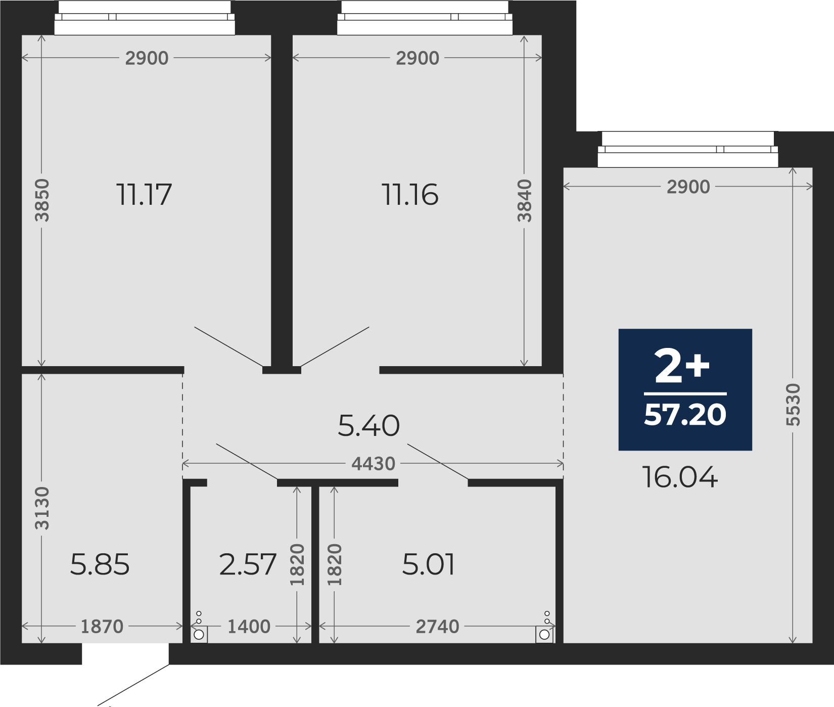 Квартира № 117, 2-комнатная, 57.2 кв. м, 1 этаж