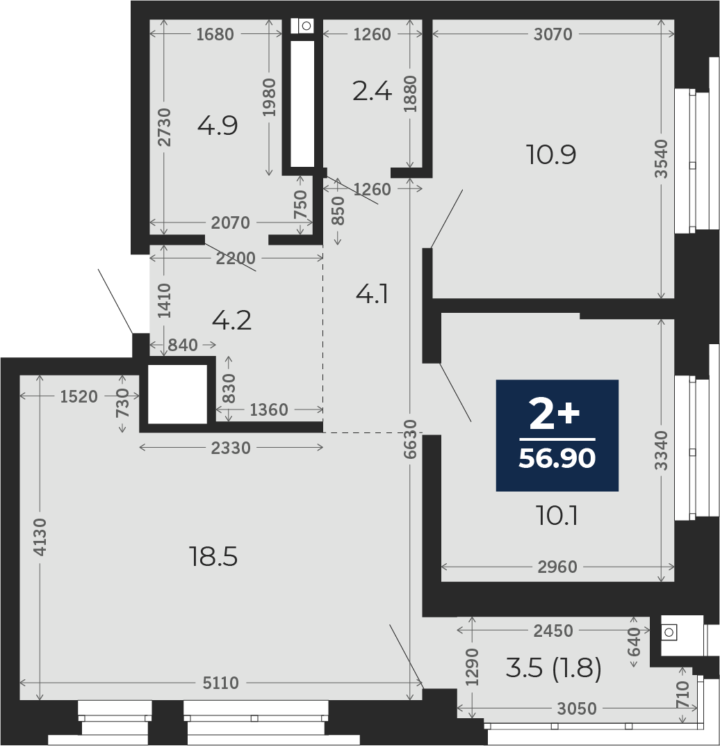 Квартира № 160, 2-комнатная, 56.9 кв. м, 7 этаж