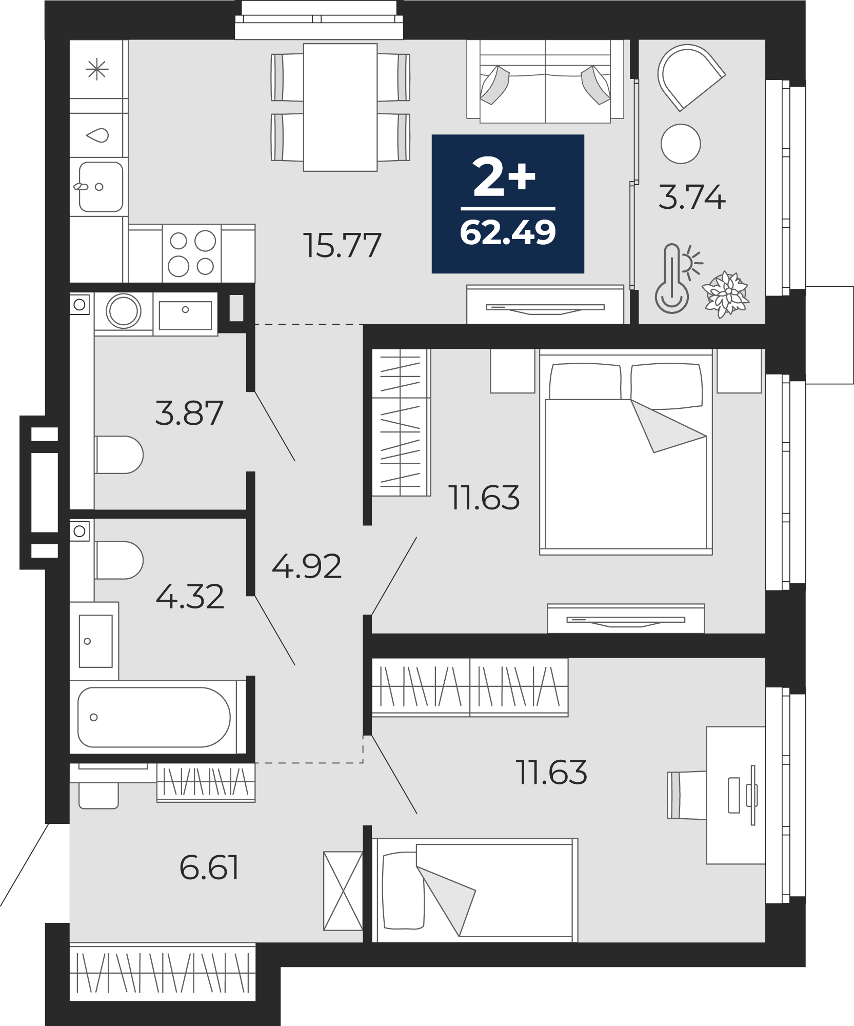 Квартира № 89, 2-комнатная, 62.49 кв. м, 1 этаж