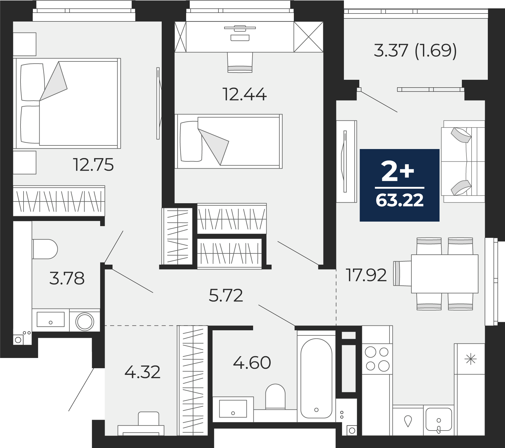 Квартира № 141, 2-комнатная, 63.22 кв. м, 19 этаж