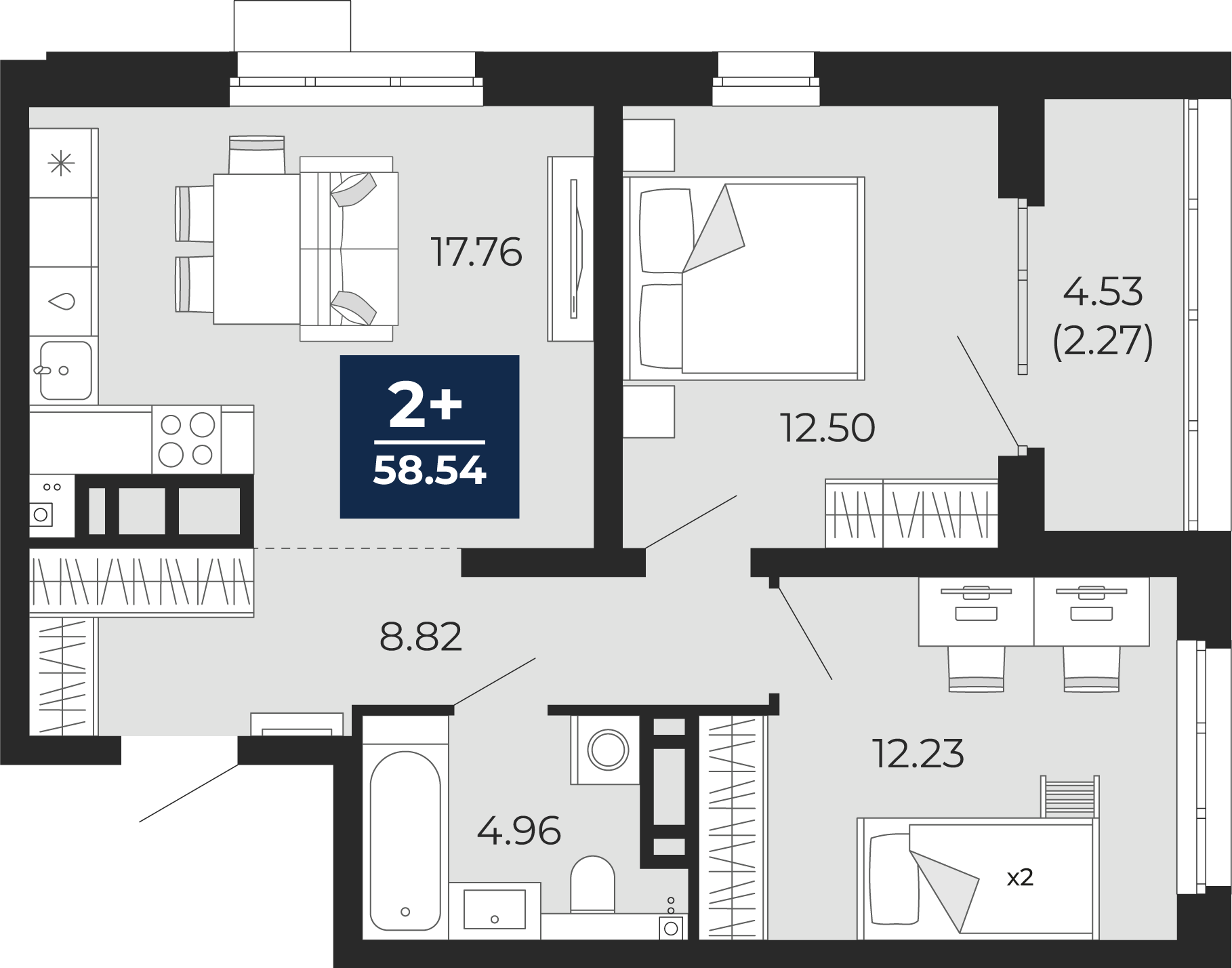 Квартира № 97, 2-комнатная, 58.54 кв. м, 13 этаж