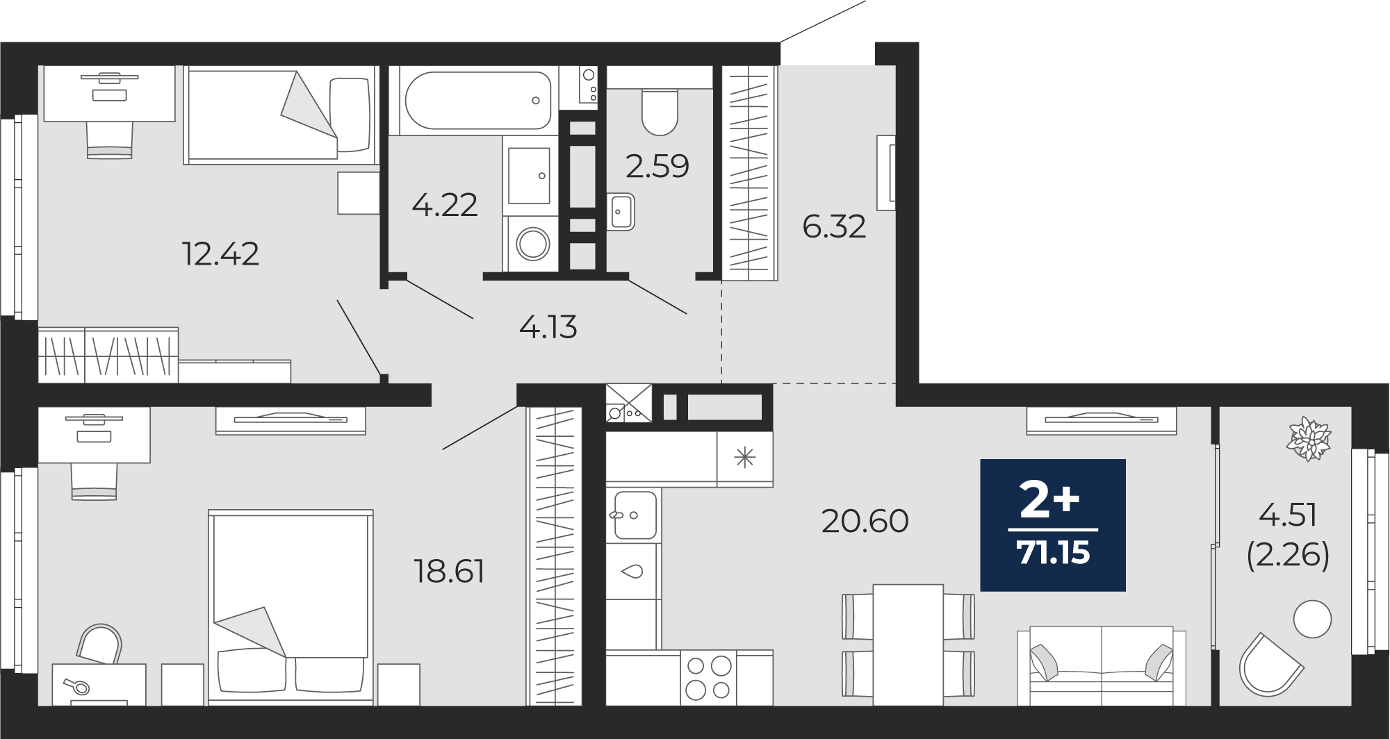 Квартира № 439, 2-комнатная, 71.15 кв. м, 21 этаж