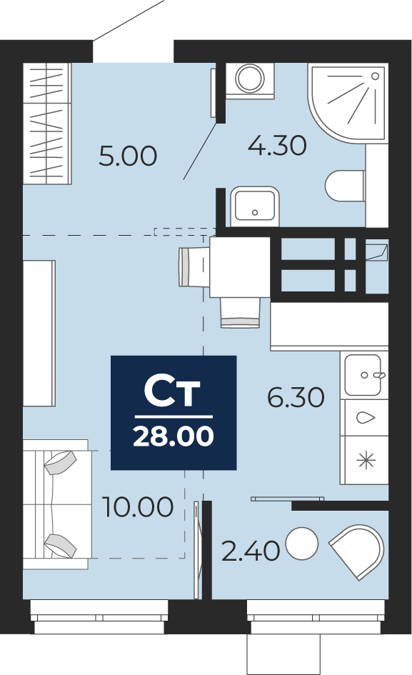 Квартира № 61, Студия, 28 кв. м, 10 этаж