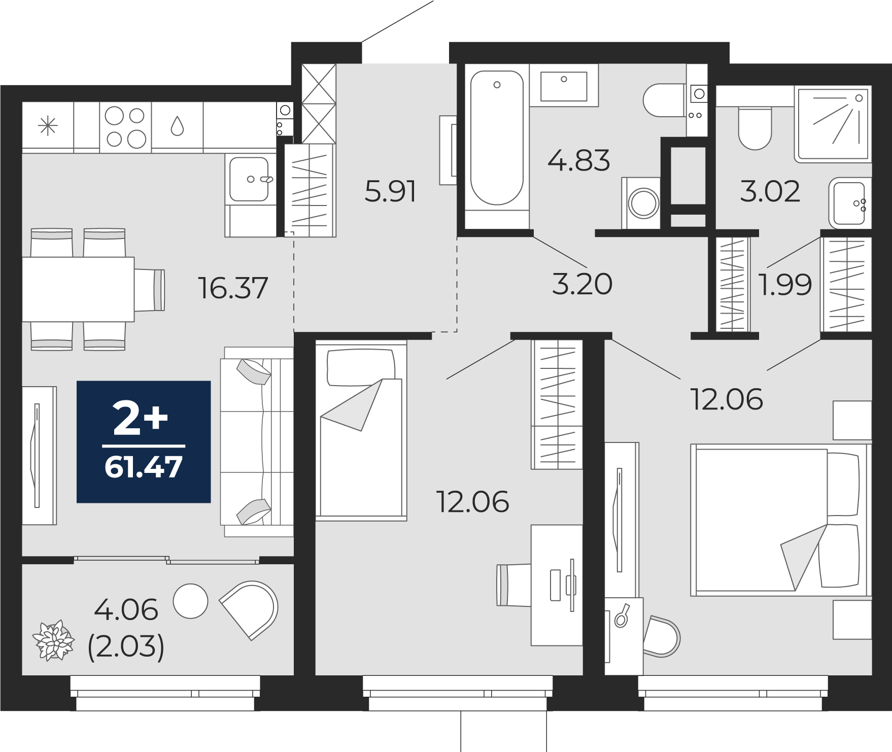 Квартира № 96, 2-комнатная, 61.47 кв. м, 13 этаж