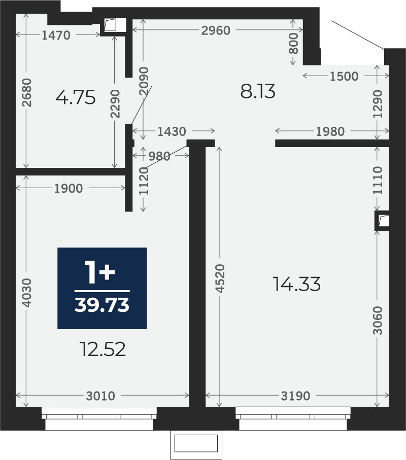 Квартира № 184, 1-комнатная, 39.73 кв. м, 1 этаж