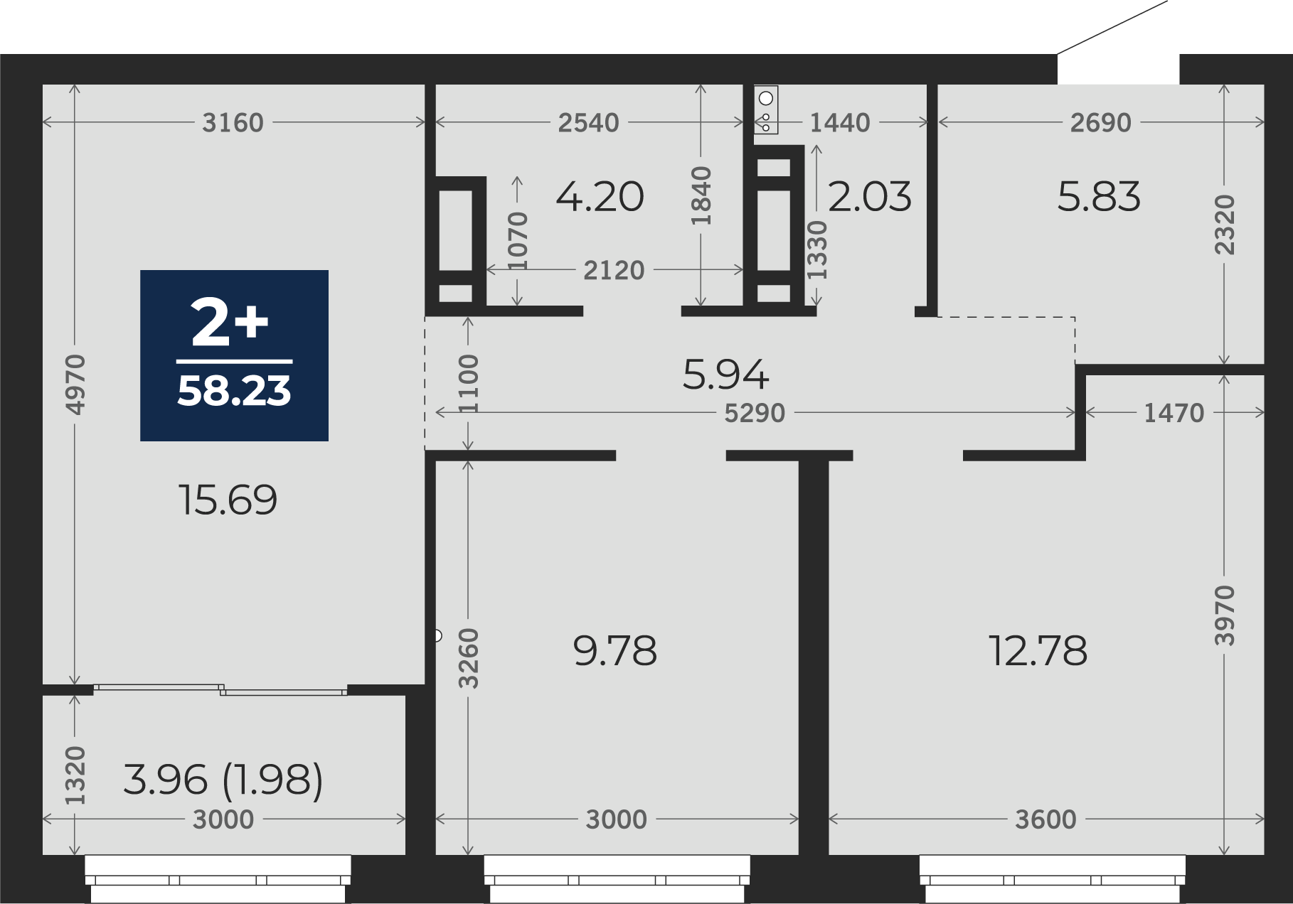 Квартира № 214, 2-комнатная, 58.23 кв. м, 2 этаж