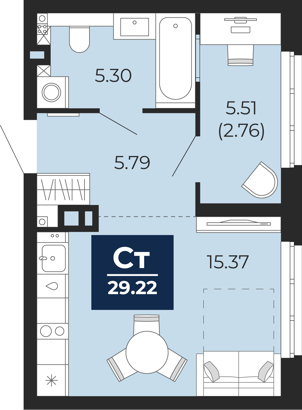Квартира № 302, Студия, 29.22 кв. м, 1 этаж