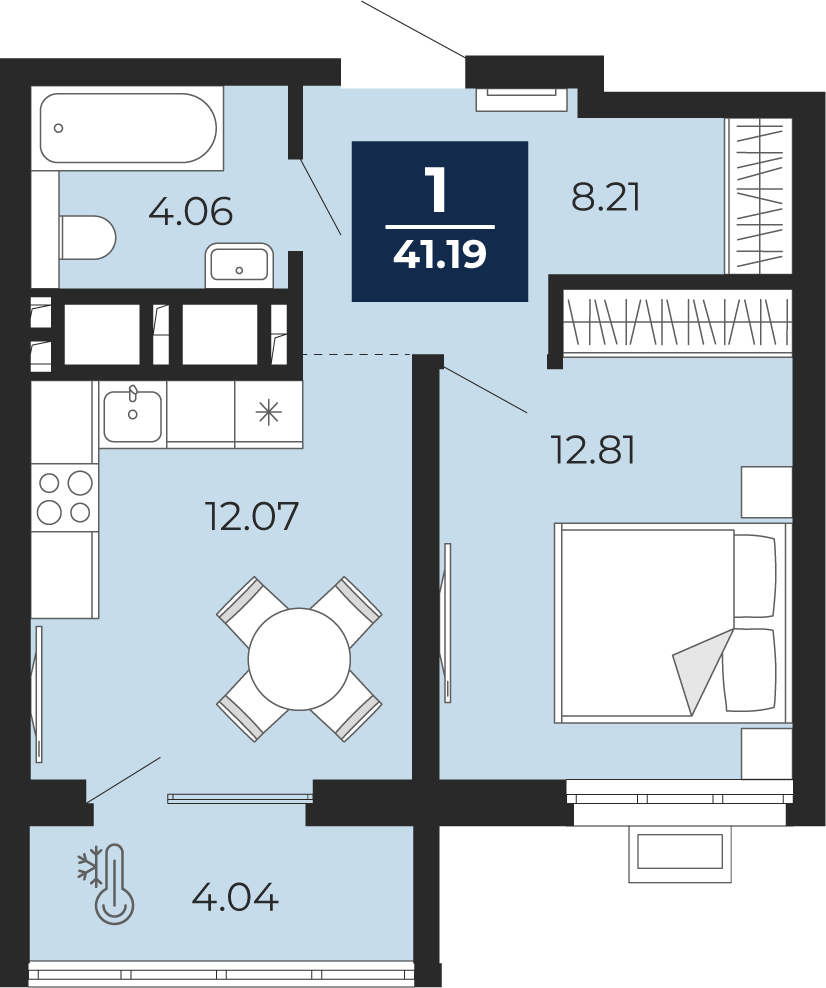 Квартира № 11, 1-комнатная, 41.19 кв. м, 2 этаж