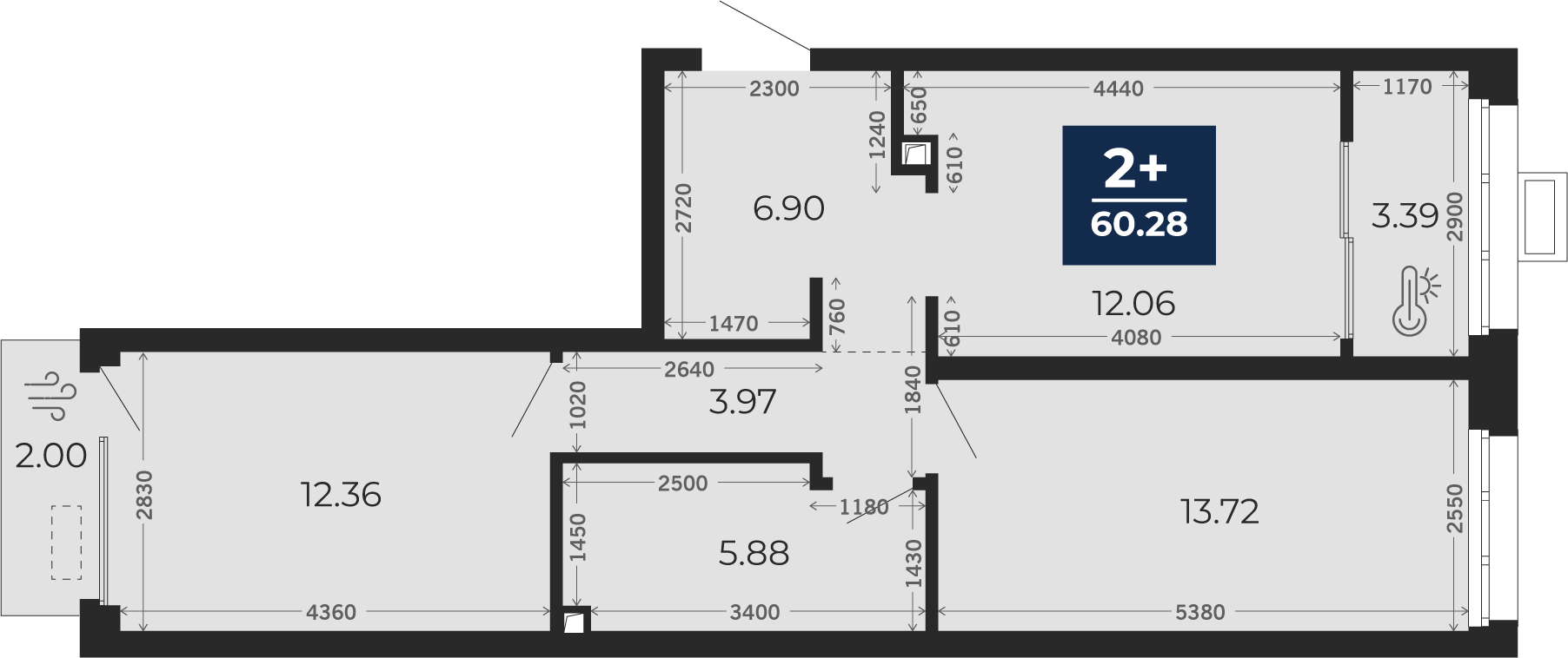 Квартира № 322, 2-комнатная, 58.88 кв. м, 2 этаж