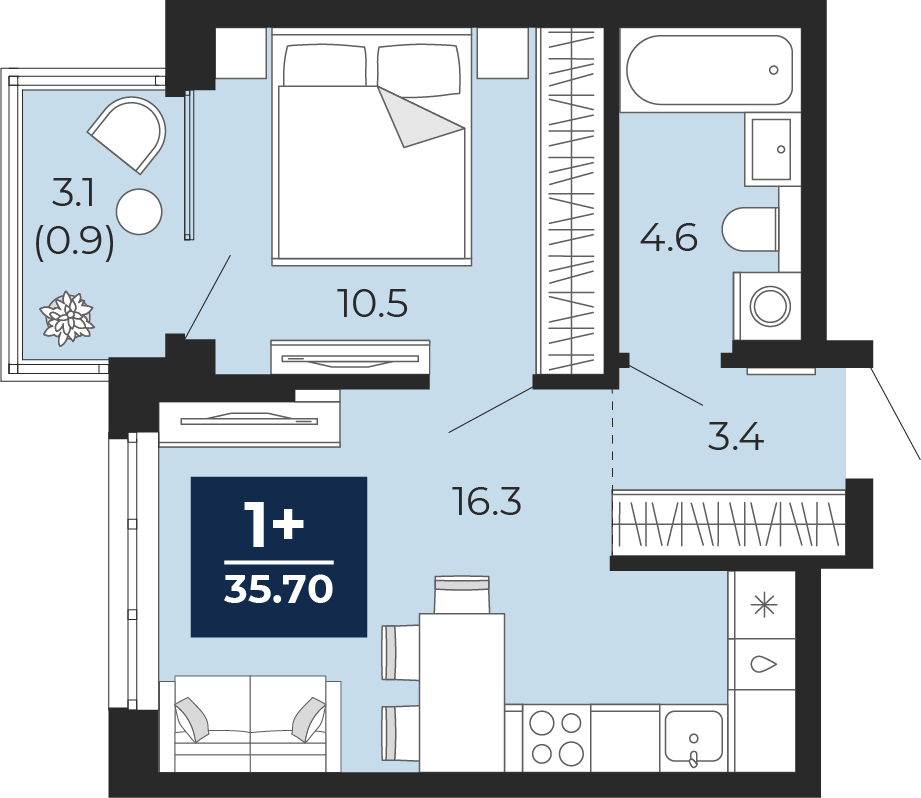 Квартира № 287, 1-комнатная, 35.7 кв. м, 13 этаж