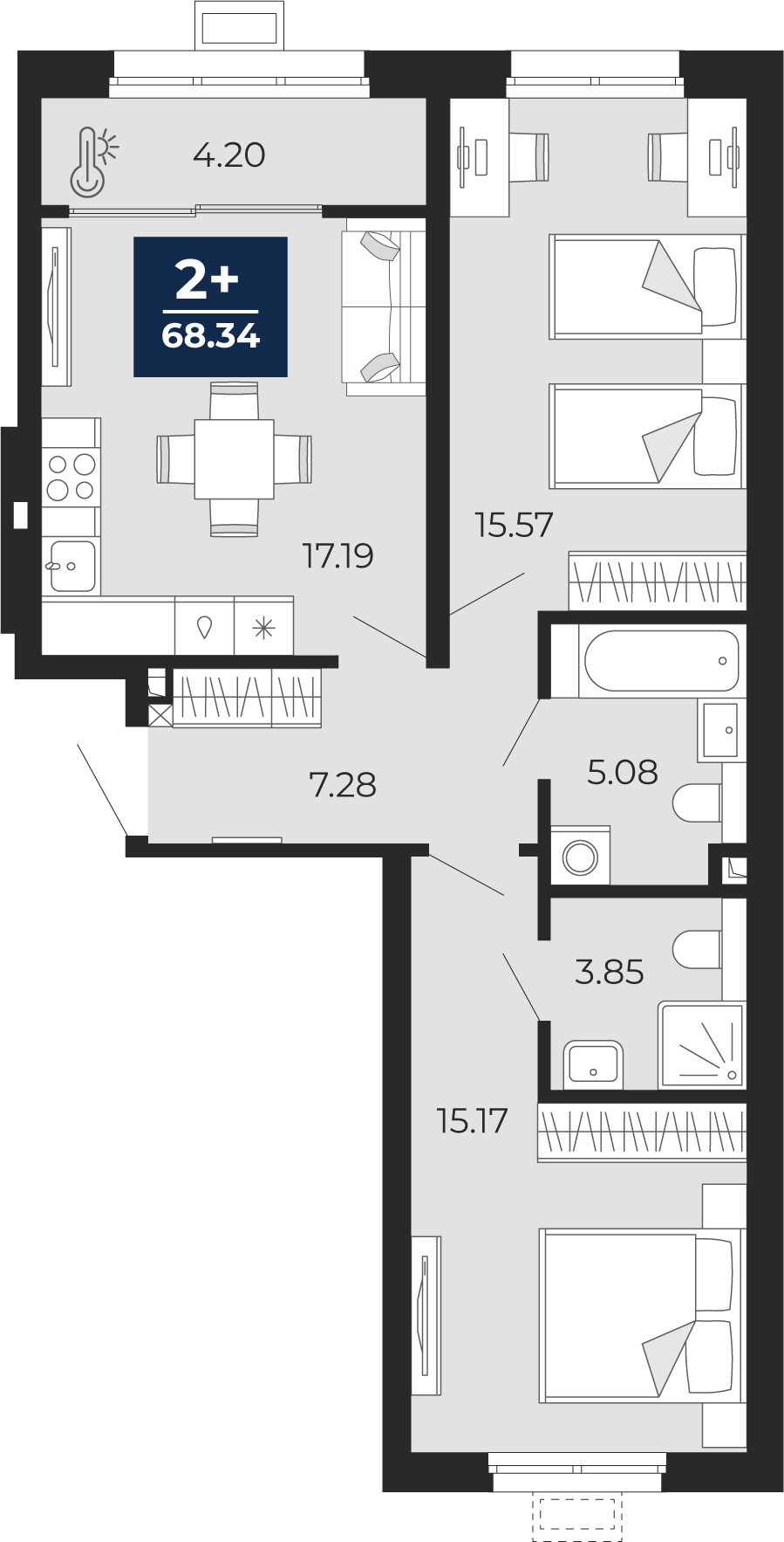Квартира № 308, 2-комнатная, 68.34 кв. м, 2 этаж