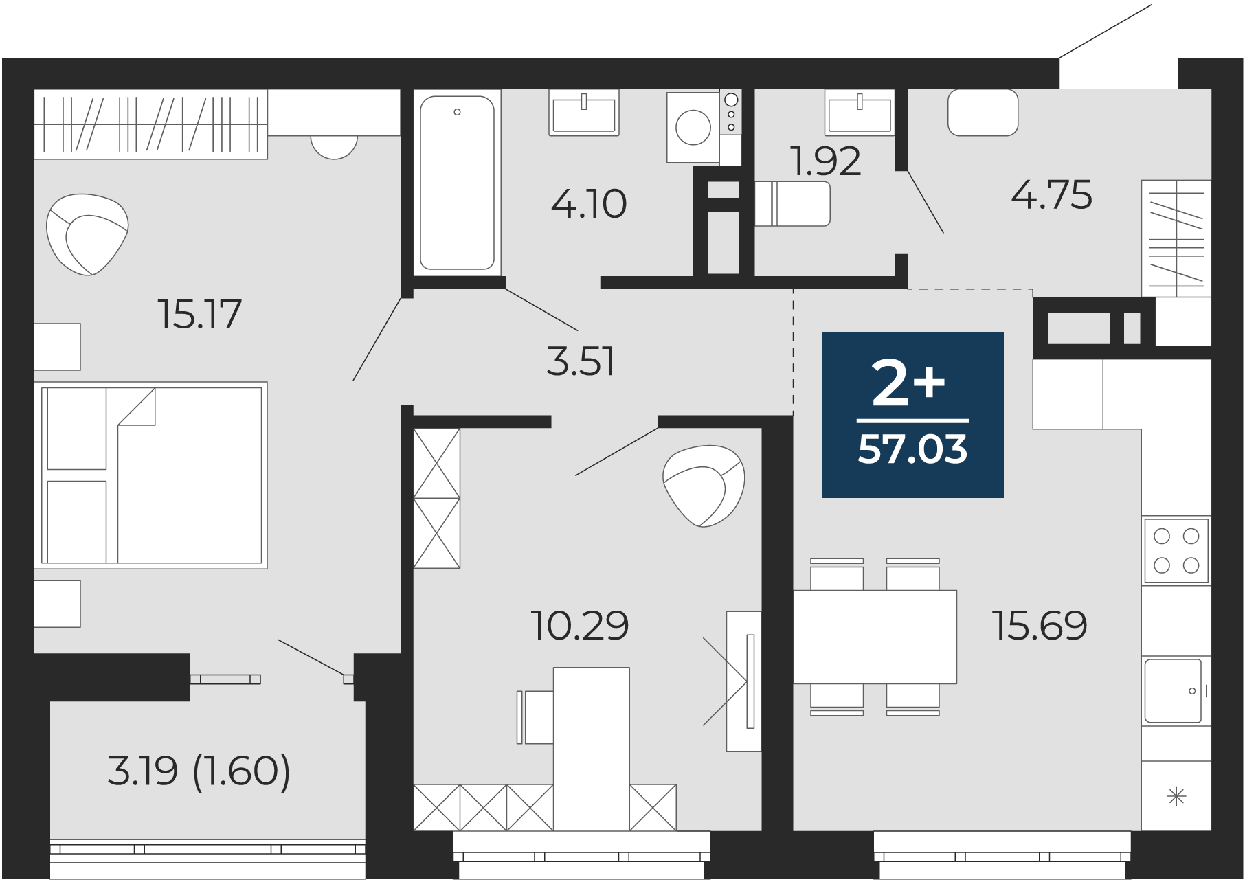 Квартира № 407, 2-комнатная, 57.03 кв. м, 11 этаж