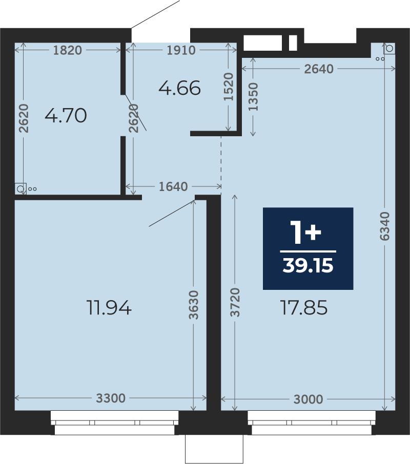 Квартира № 1, 1-комнатная, 39.15 кв. м, 1 этаж