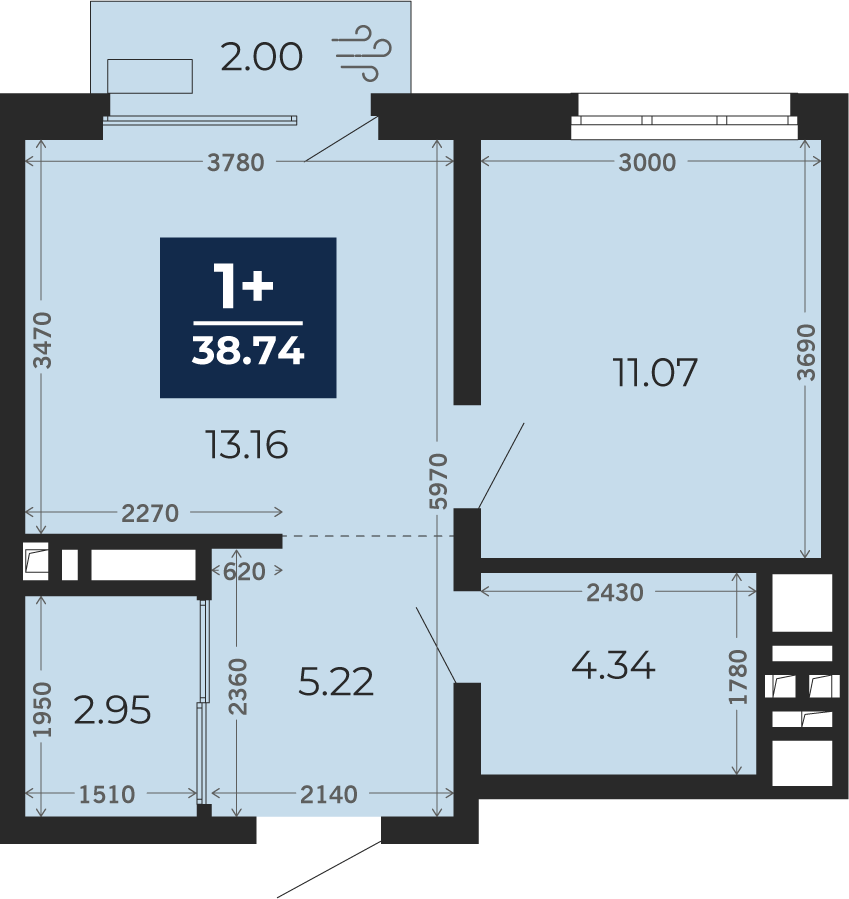 Квартира № 751, 1-комнатная, 38.74 кв. м, 2 этаж