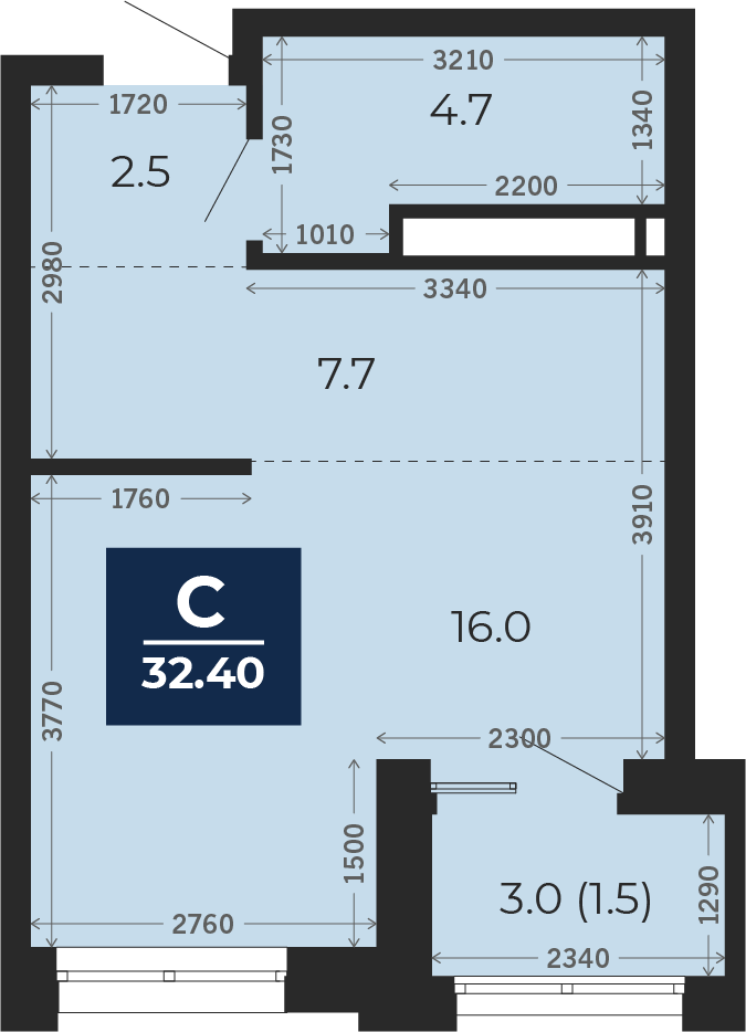 Квартира № 21, Студия, 32.4 кв. м, 4 этаж