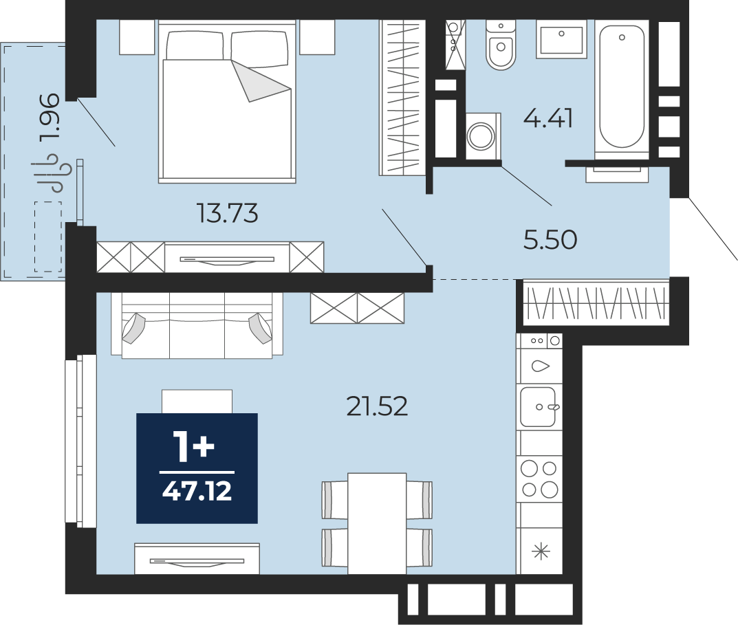 Планировка: Евродвушка 46.2 м² в ЖК Мириады, Мыс