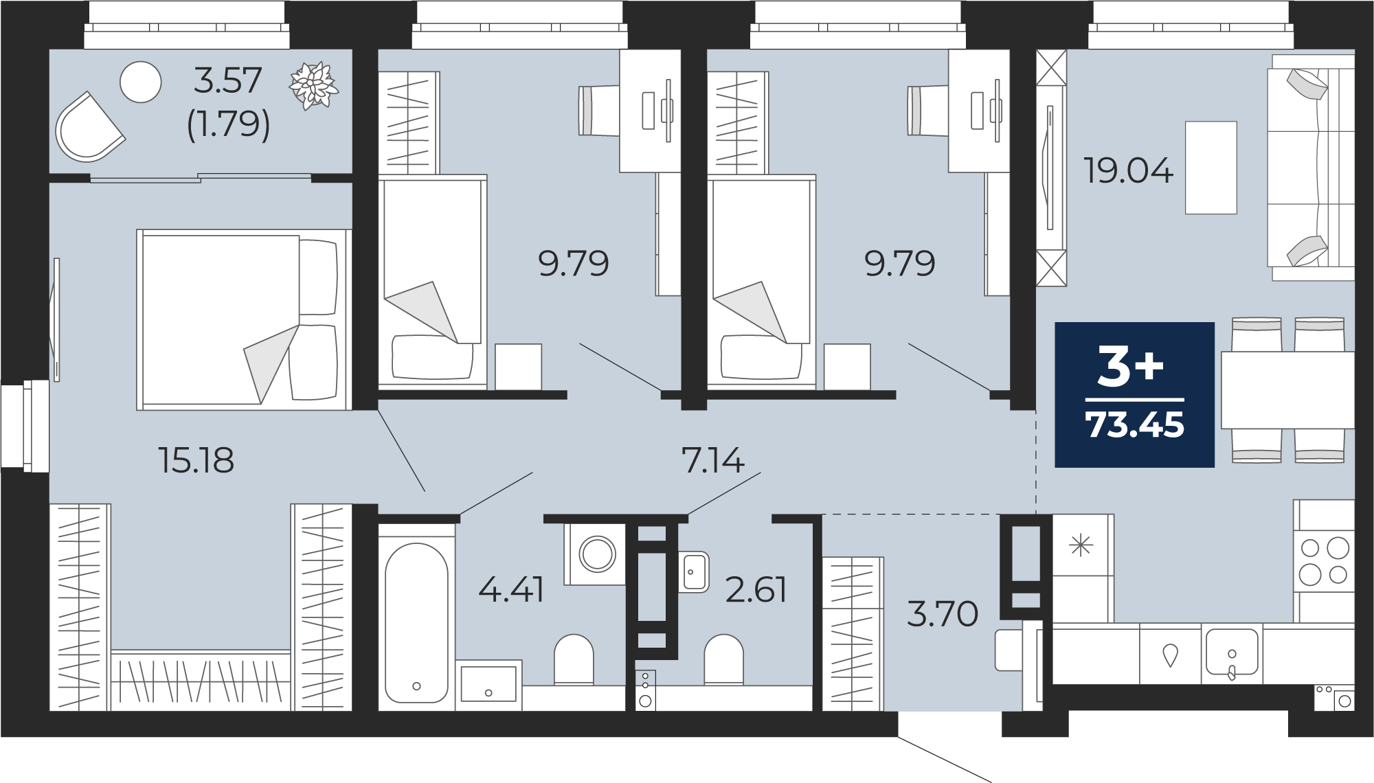 Квартира № 32, 3-комнатная, 73.45 кв. м, 7 этаж