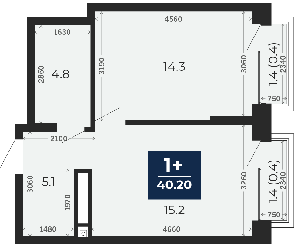 Квартира № 203, 1-комнатная, 40.2 кв. м, 2 этаж