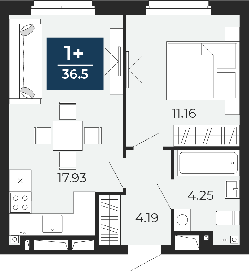 Квартира № 313, 1-комнатная, 37.53 кв. м, 24 этаж