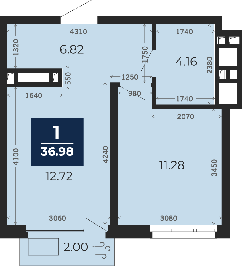 Квартира № 191, 1-комнатная, 35.58 кв. м, 2 этаж