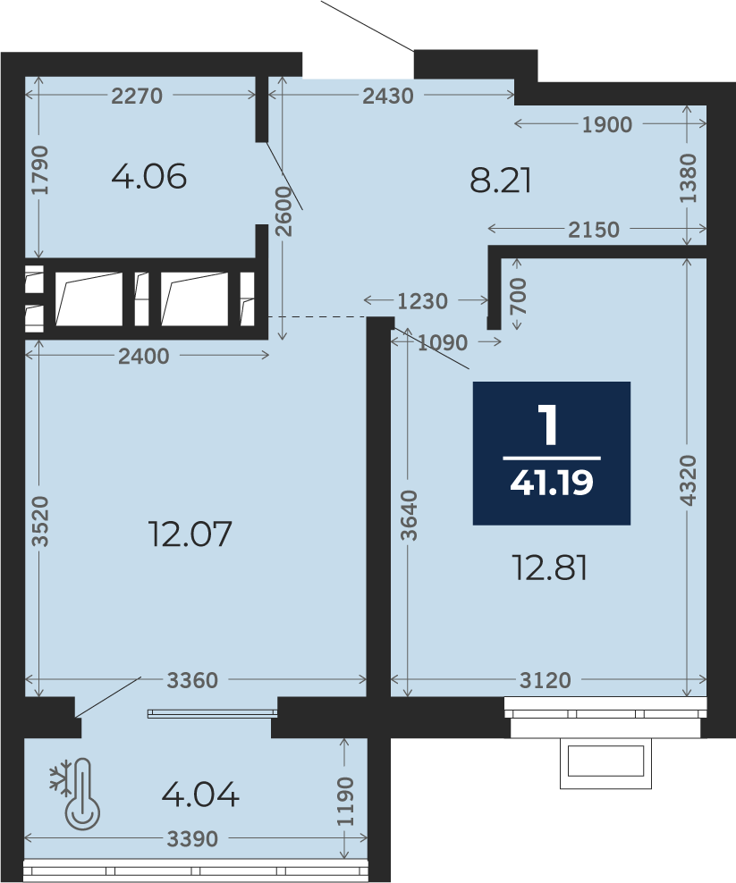 Квартира № 99, 1-комнатная, 41.19 кв. м, 13 этаж