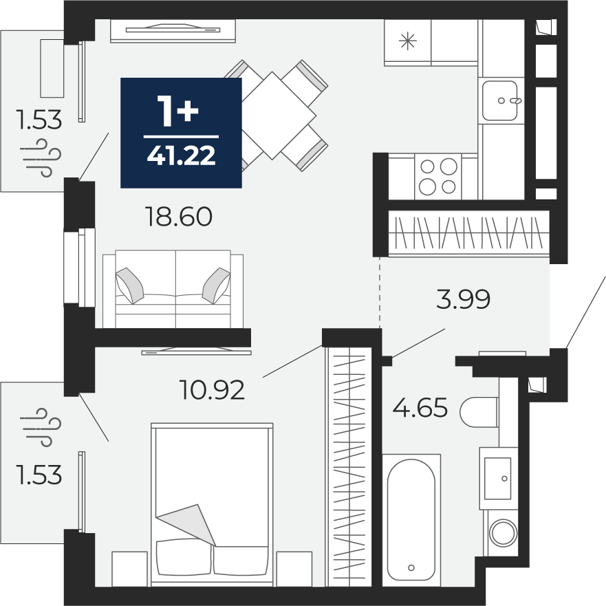 Квартира № 5, 1-комнатная, 41.22 кв. м, 2 этаж