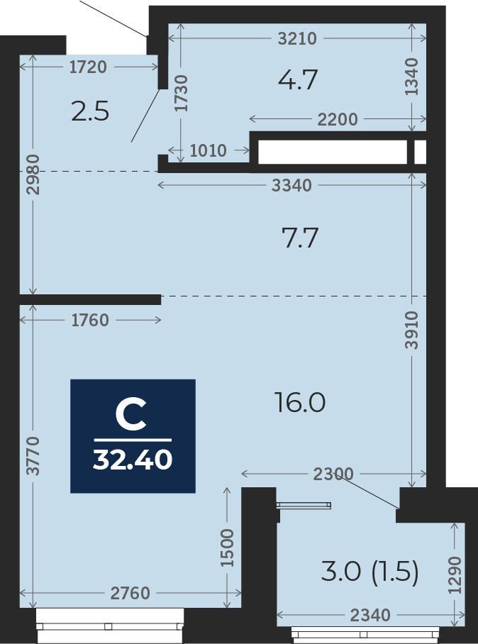 Квартира № 61, Студия, 32.4 кв. м, 9 этаж