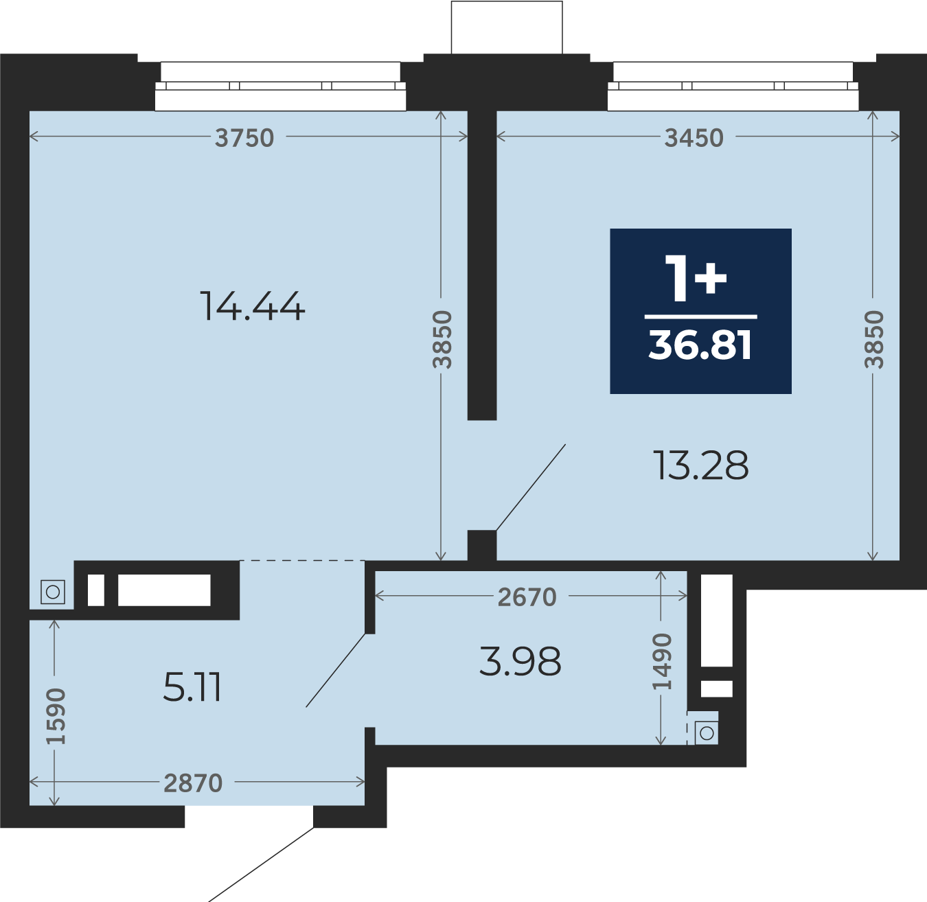 Квартира № 292, 1-комнатная, 36.81 кв. м, 2 этаж