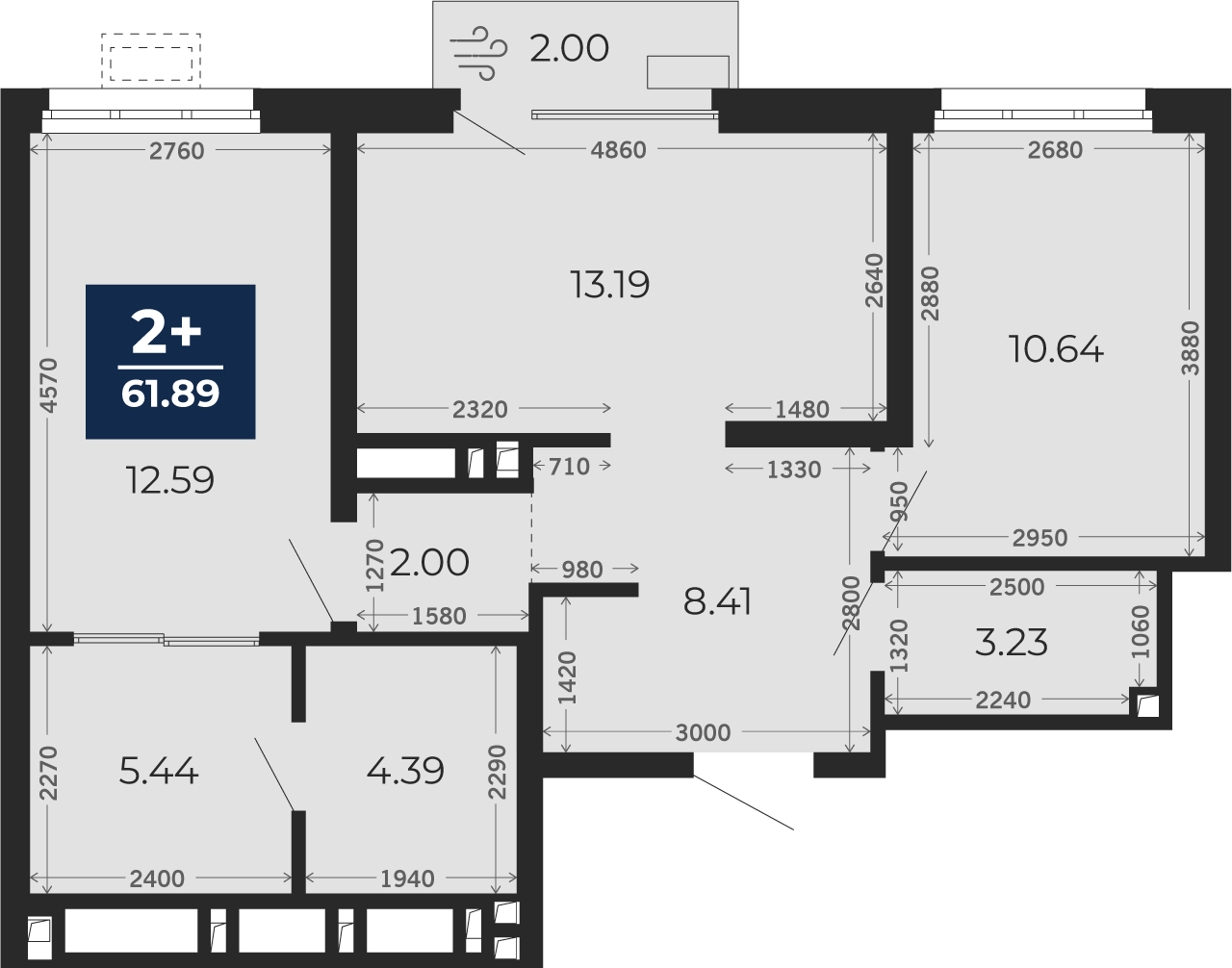 Квартира № 631, 2-комнатная, 61.89 кв. м, 6 этаж