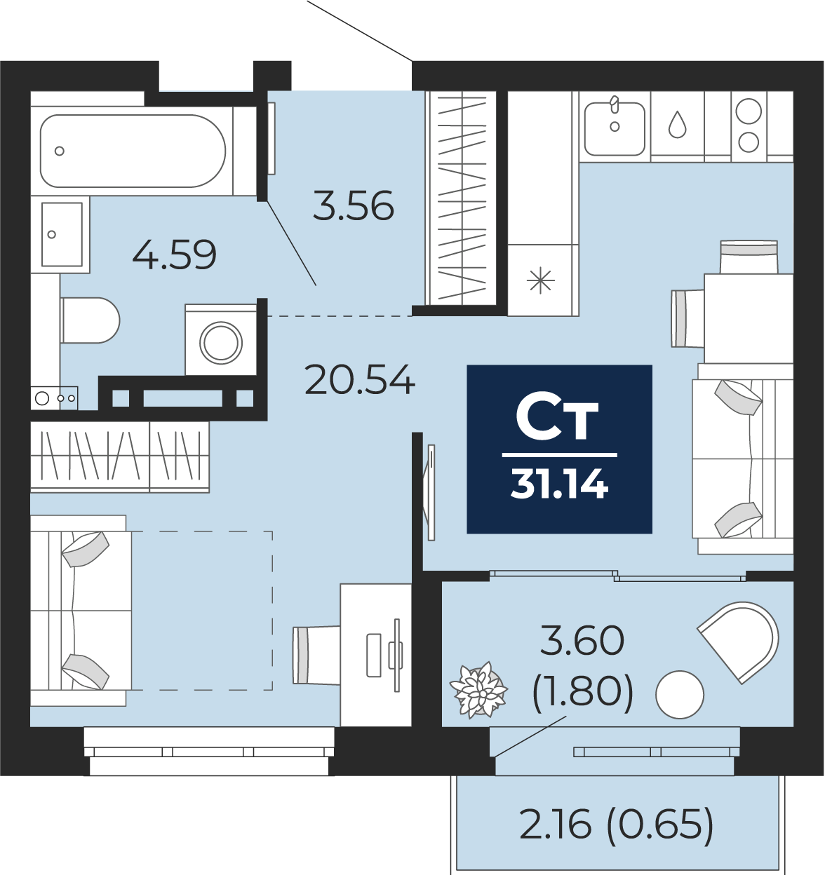 Квартира № 33, Студия, 34.45 кв. м, 8 этаж