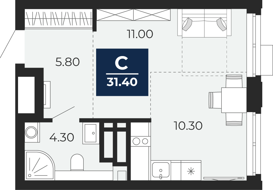 Квартира № 159, Студия, 31.4 кв. м, 5 этаж