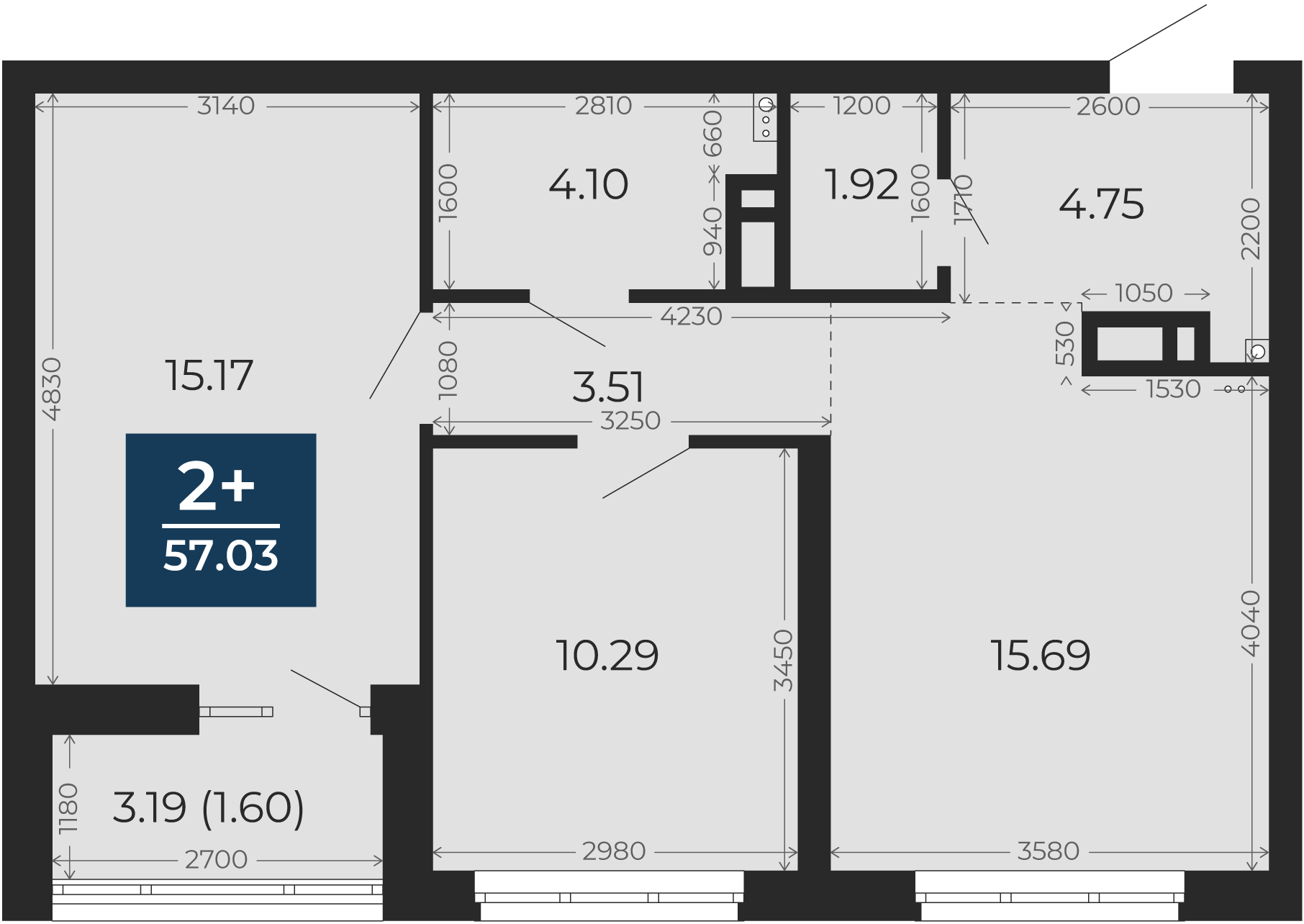 Квартира № 401, 2-комнатная, 57.03 кв. м, 10 этаж