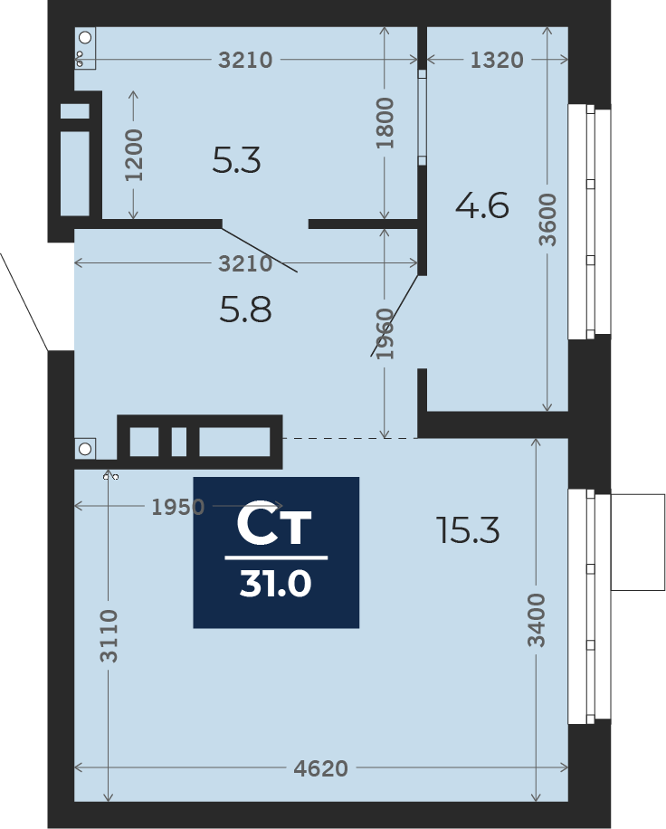 Квартира № 396, Студия, 31.39 кв. м, 15 этаж