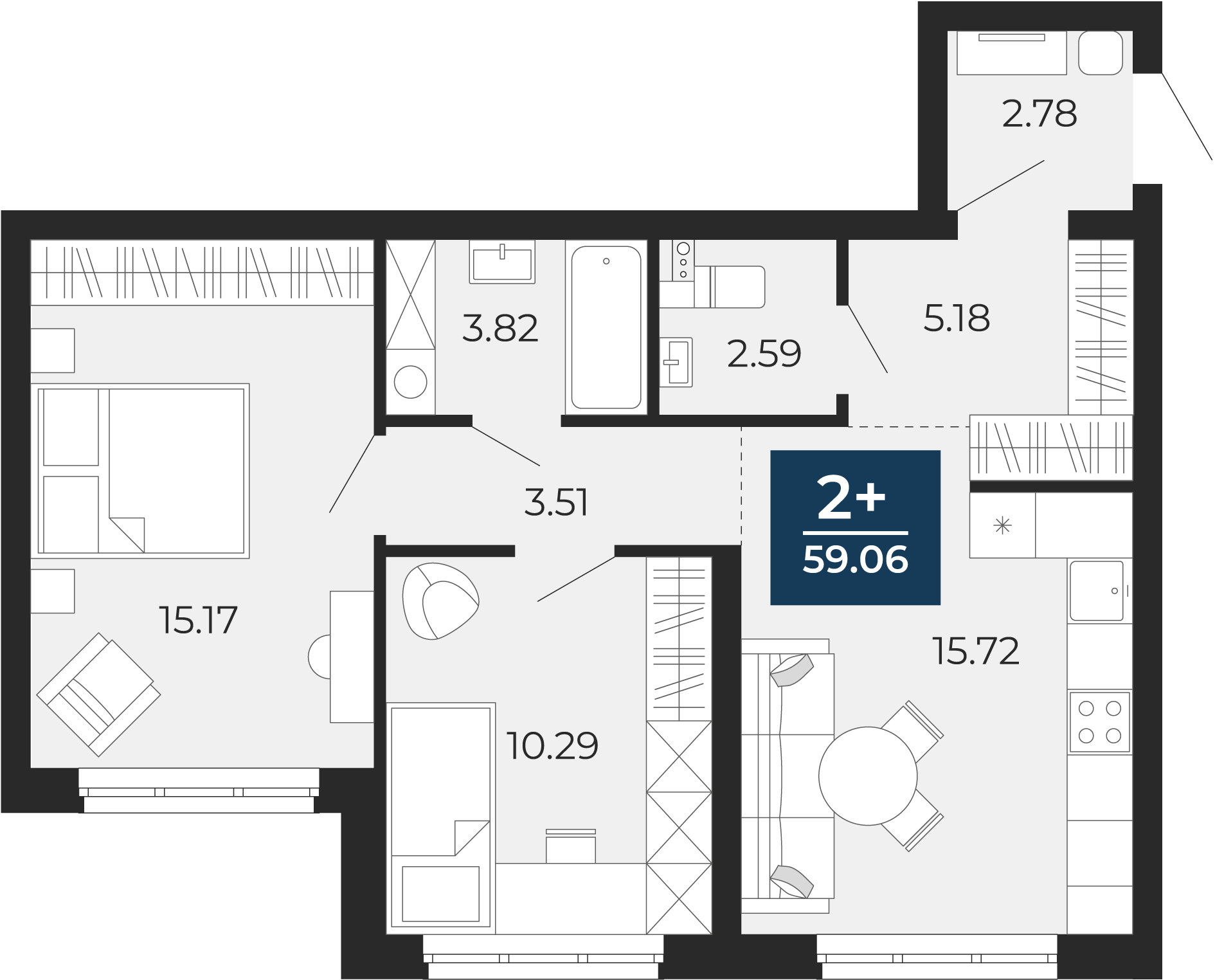 Квартира № 348, 2-комнатная, 59.06 кв. м, 1 этаж