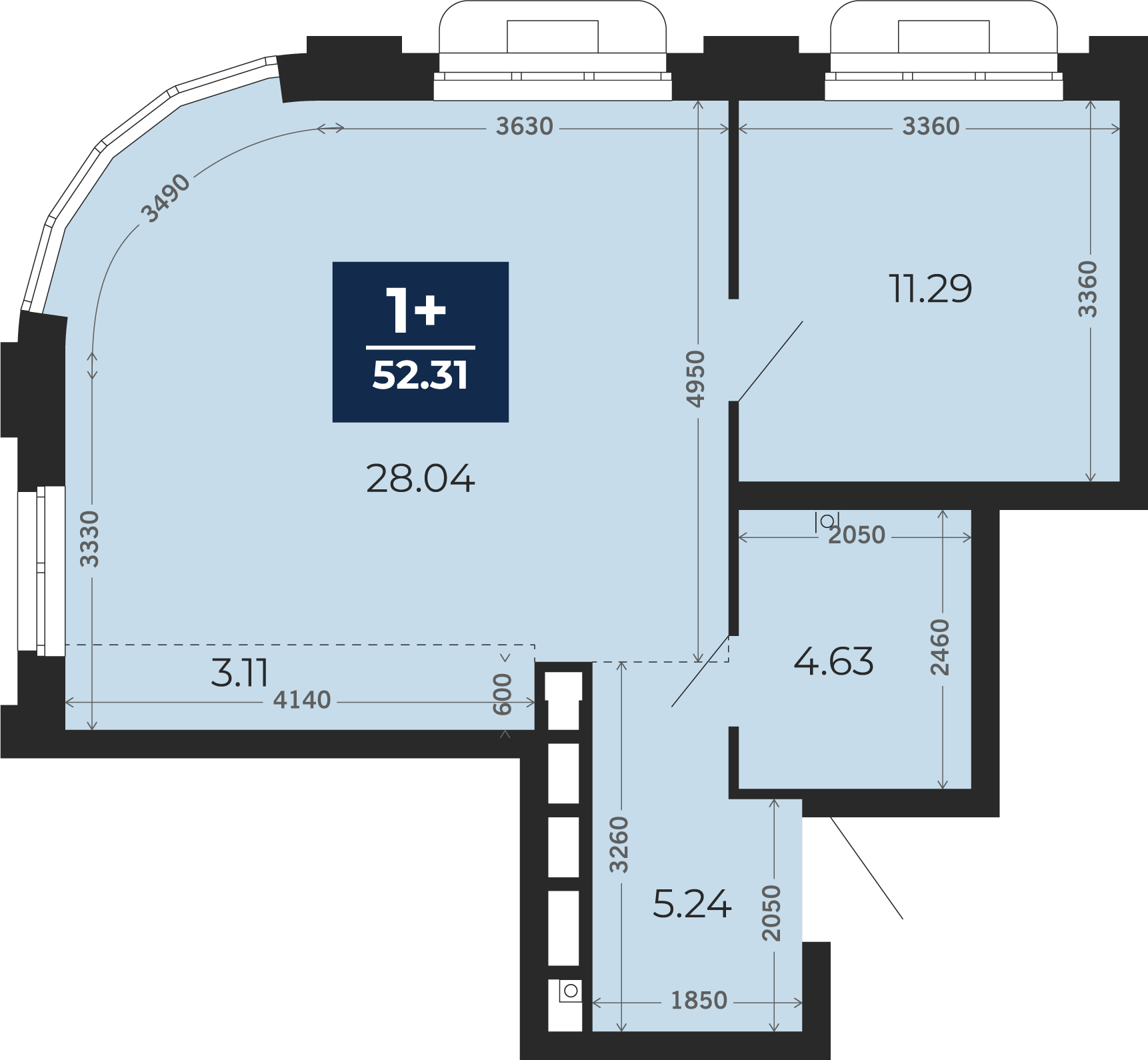 Квартира № 236, 2-комнатная, 52.31 кв. м, 3 этаж
